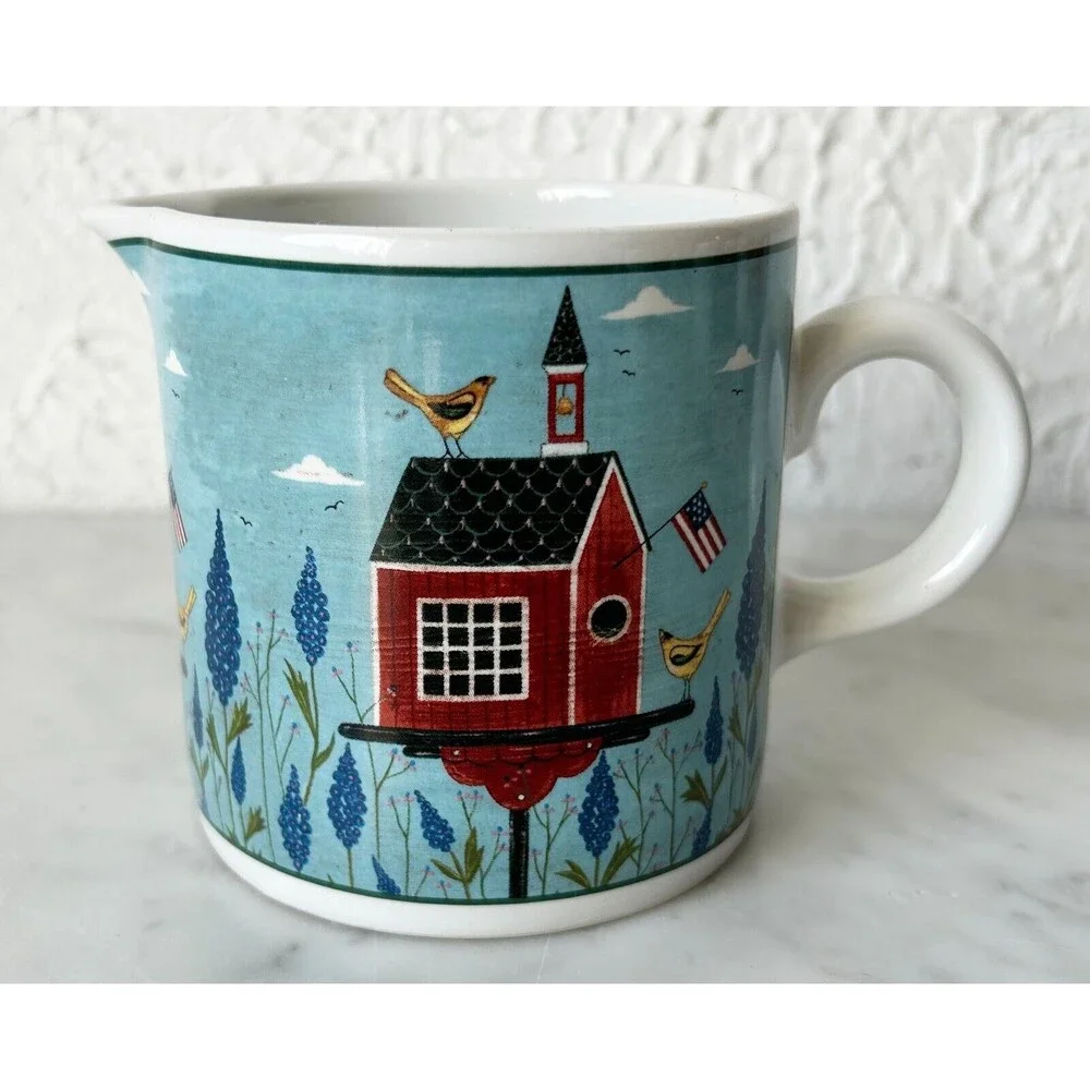 Vintage Sakura Stoneware Creamer Birdhouse Blue Red Warren Kimble